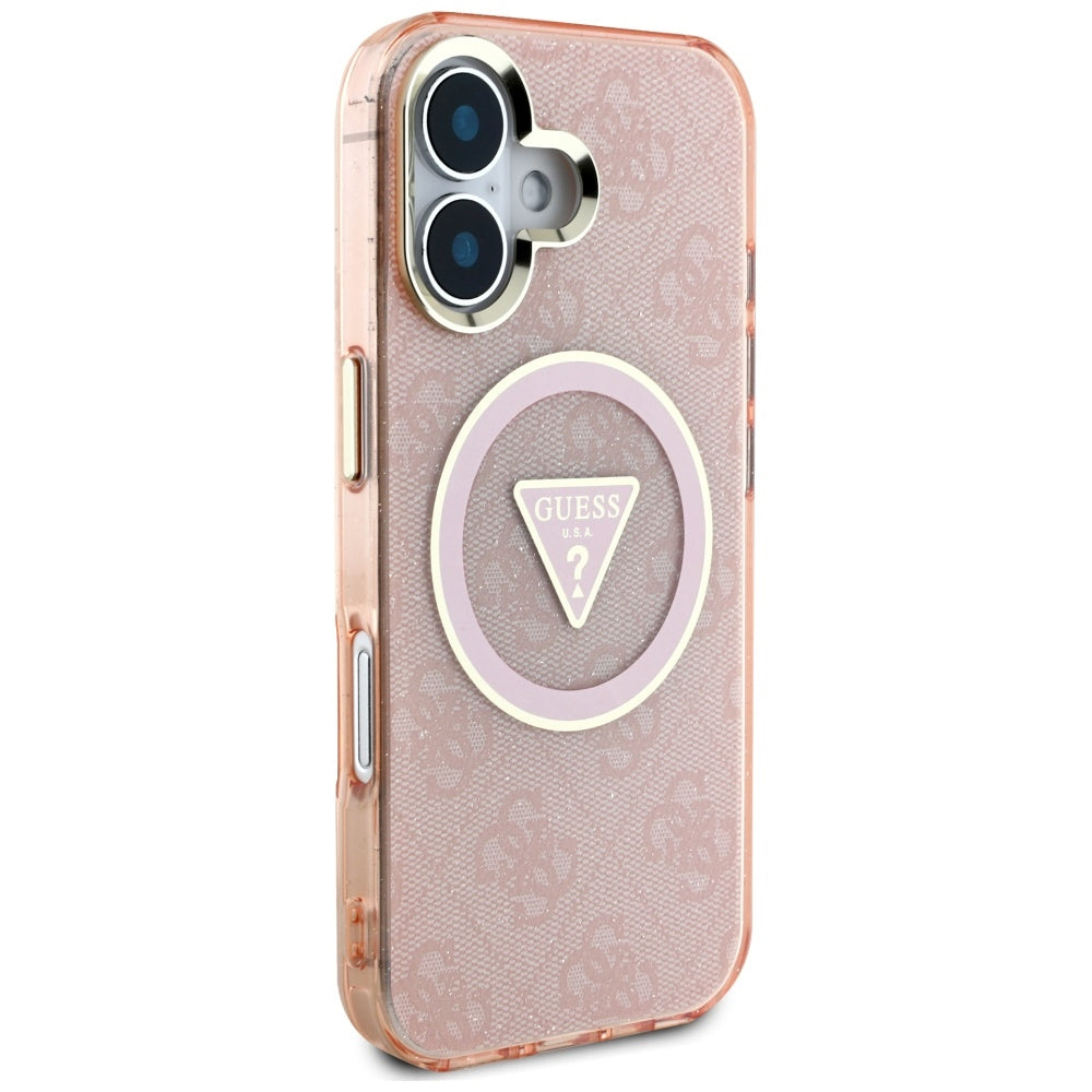 Custodia MagSafe per Apple iPhone 16, Guess, IML Glitter 4G Circle Triangle, Rosa