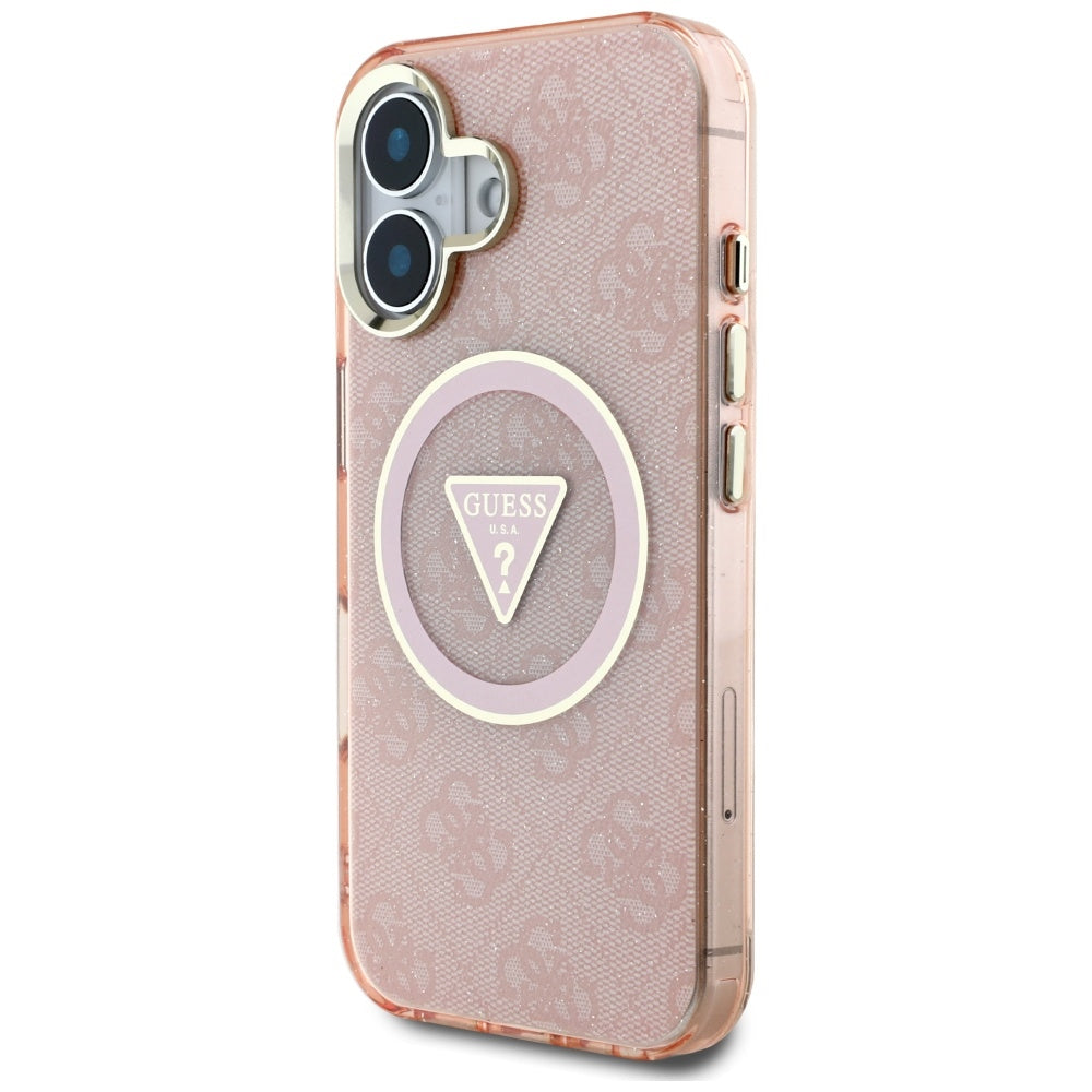 Custodia MagSafe per Apple iPhone 16, Guess, IML Glitter 4G Circle Triangle, Rosa