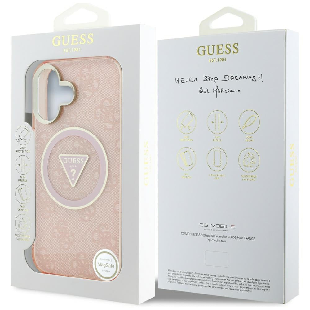Custodia MagSafe per Apple iPhone 16, Guess, IML Glitter 4G Circle Triangle, Rosa