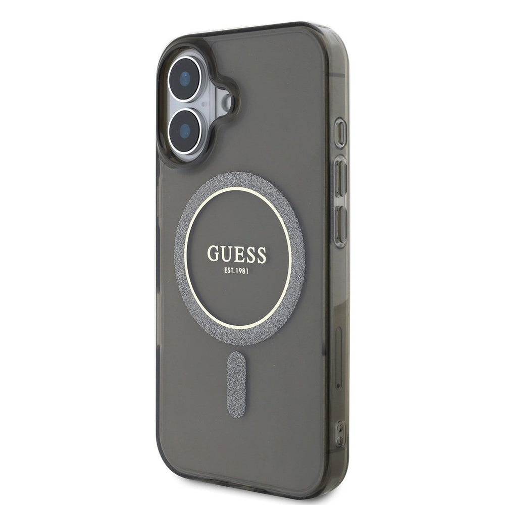 Custodia MagSafe per Apple iPhone 16, Guess, IML Glitter Circle, Nera