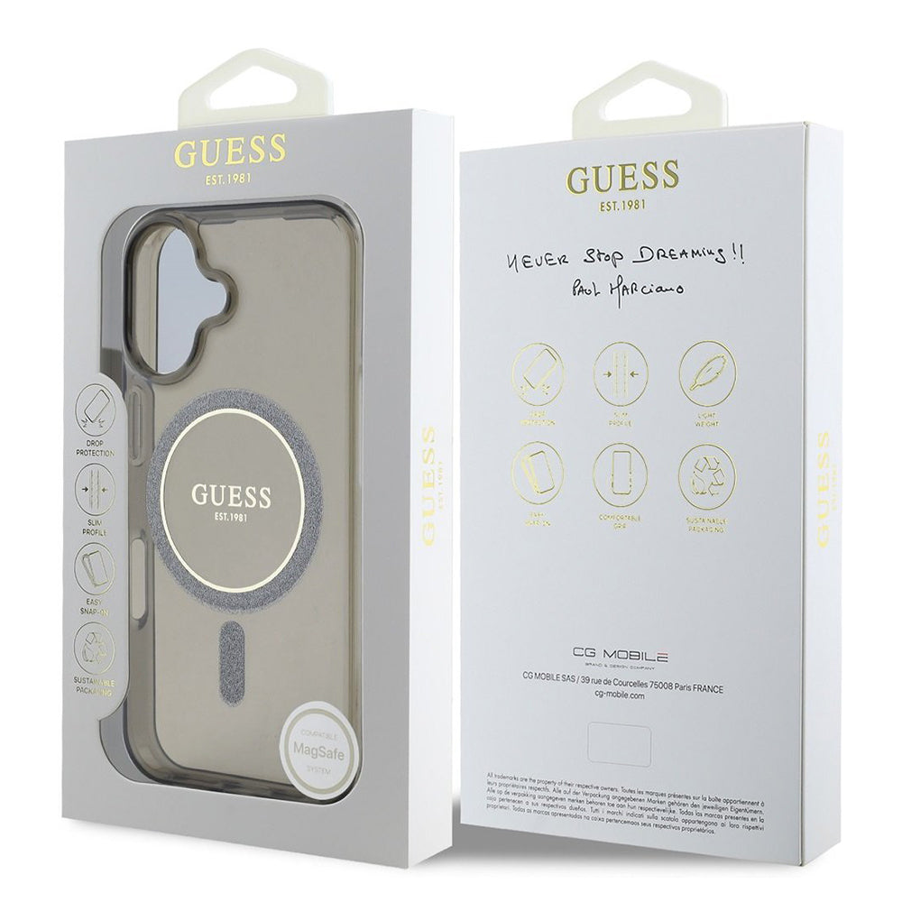 Custodia MagSafe per Apple iPhone 16, Guess, IML Glitter Circle, Nera
