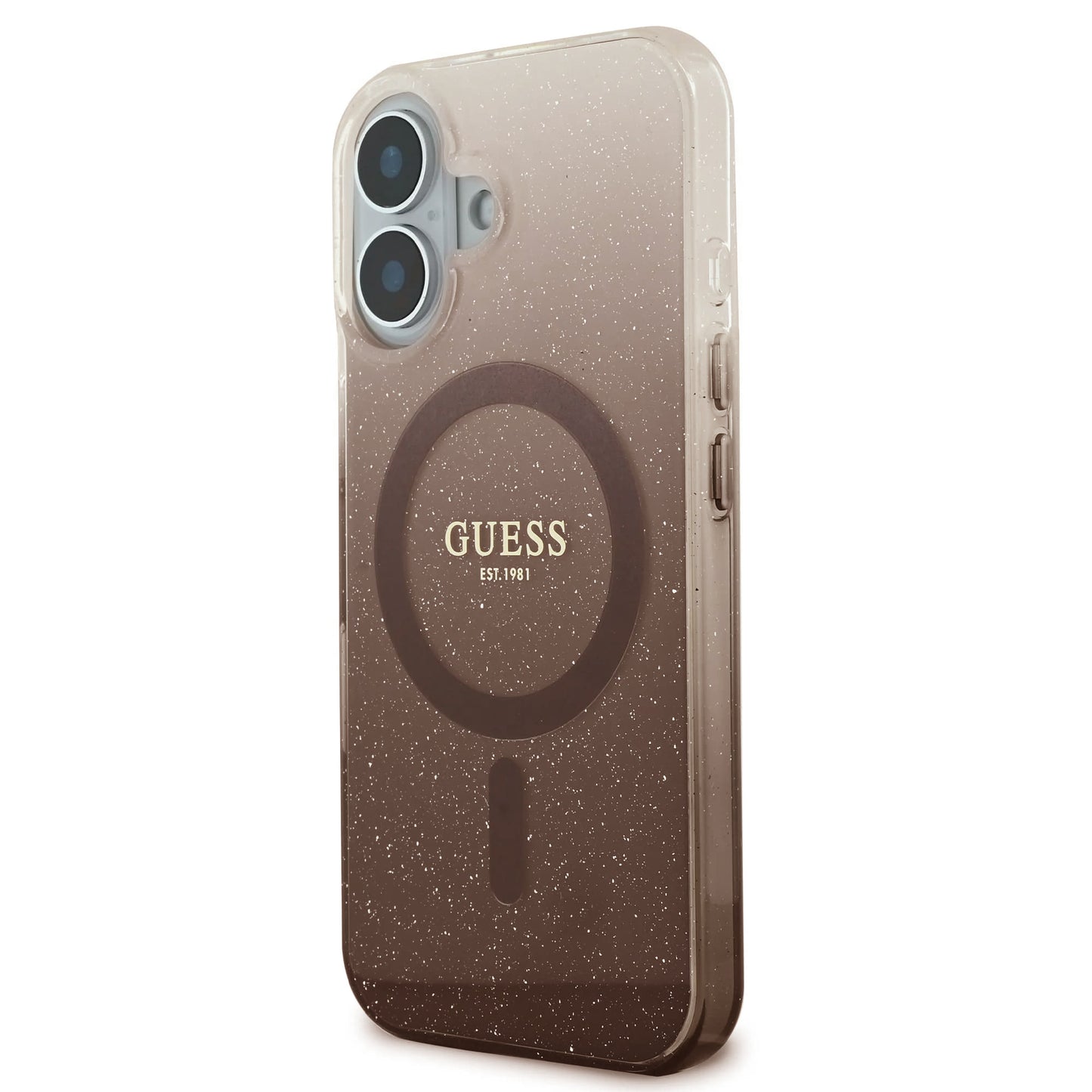 Custodia MagSafe per Apple iPhone 16, Guess, IML Glitter Gradient, Marrone