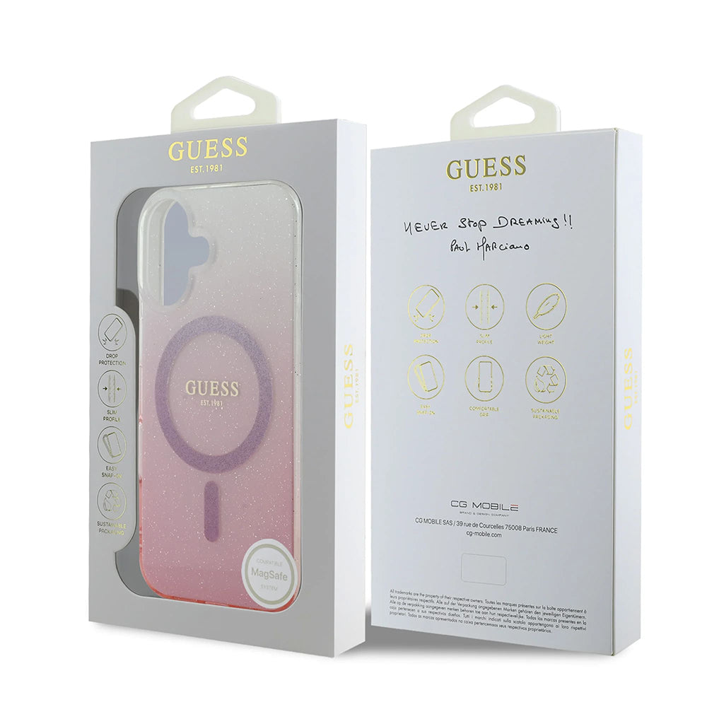 Custodia MagSafe per Apple iPhone 16, Guess, IML Glitter Gradient, Marrone