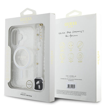 Custodia MagSafe per Apple iPhone 16, Guess, IML Glitter con Cinturino di Perle, Trasparente