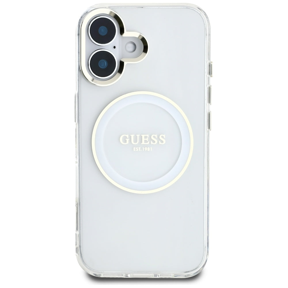 Custodia MagSafe per Apple iPhone 16, Guess, IML Metal Colored Circle, Bianca