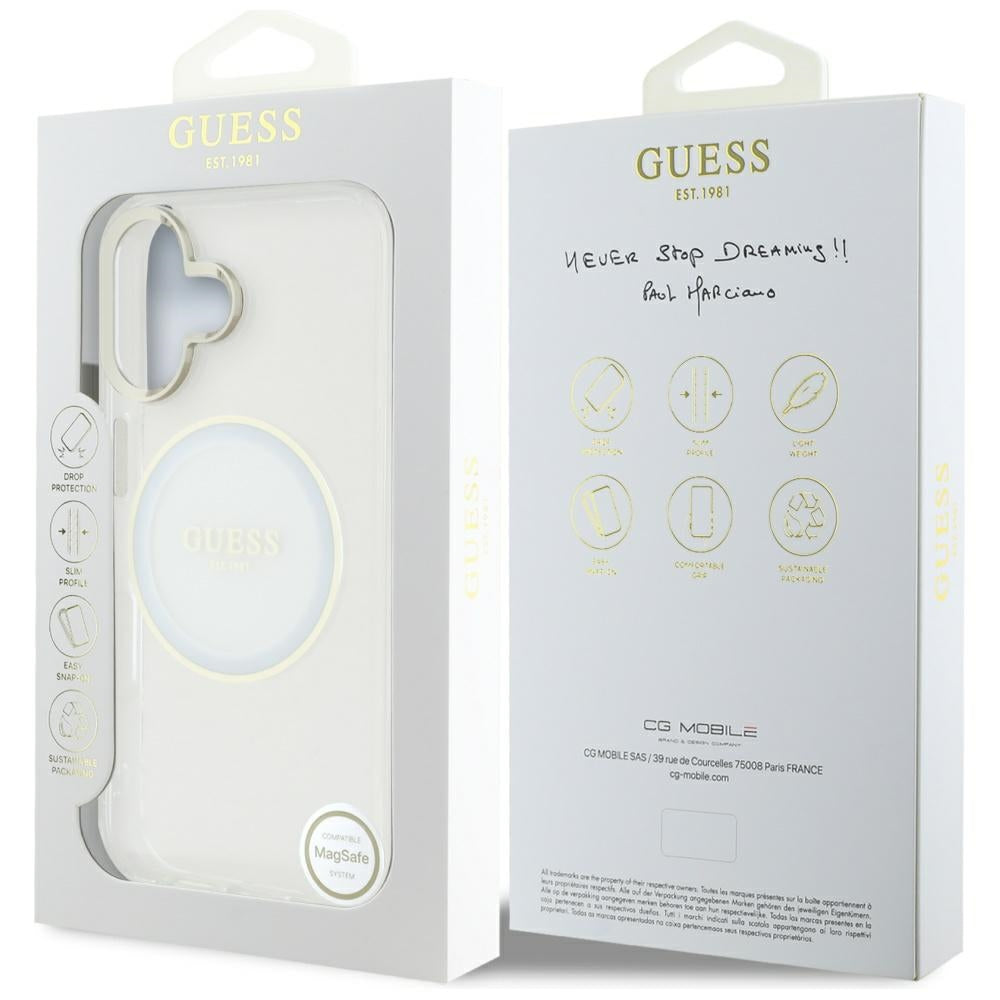 Custodia MagSafe per Apple iPhone 16, Guess, IML Metal Colored Circle, Bianca