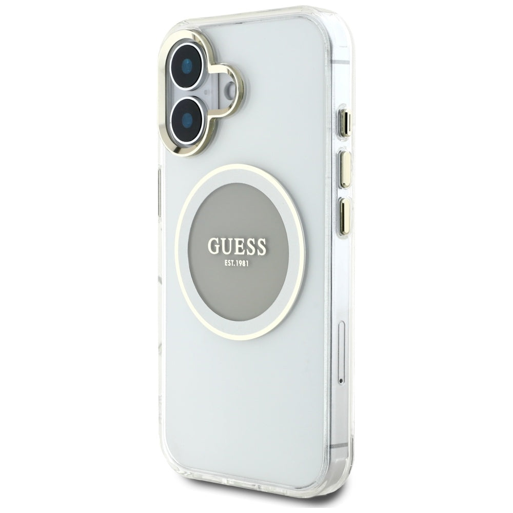 Custodia MagSafe per Apple iPhone 16, Guess, IML Metal Colored Circle, Grigio