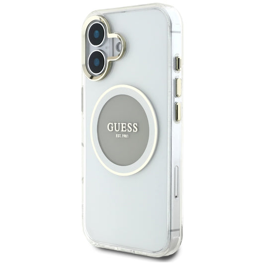 Custodia MagSafe per Apple iPhone 16, Guess, IML Metal Colored Circle, Grigio