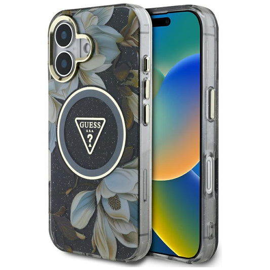 Custodia MagSafe per Apple iPhone 16, Guess, IML Metal Glitter Flowers Triangle, Nera