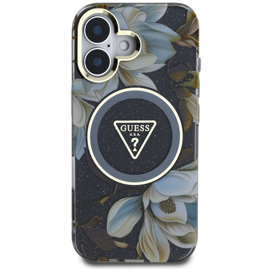Custodia MagSafe per Apple iPhone 16, Guess, IML Metal Glitter Flowers Triangle, Nera