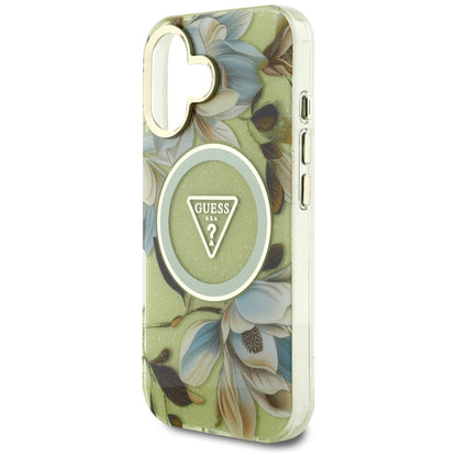 MagSafe Case for Apple iPhone 16, Guess, IML Metal Glitter Flowers Triangle, Green
