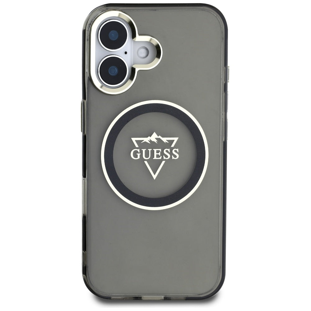 Custodia MagSafe per Apple iPhone 16, Guess, IML Metal Mountain Logo, Nera