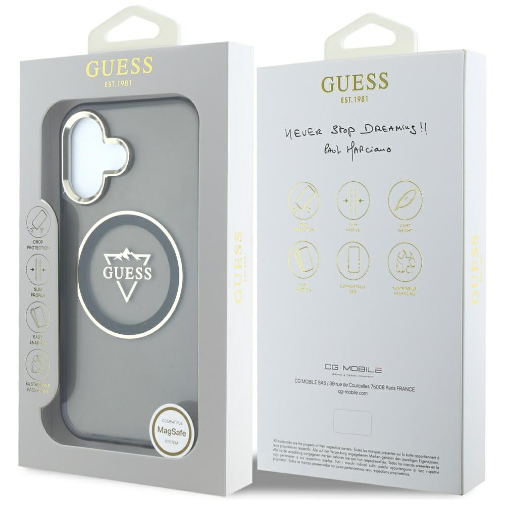 Custodia MagSafe per Apple iPhone 16, Guess, IML Metal Mountain Logo, Nera