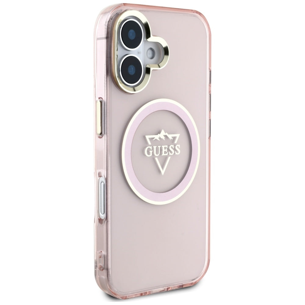 Custodia MagSafe per Apple iPhone 16, Guess, IML Metal Mountain Logo, Rosa