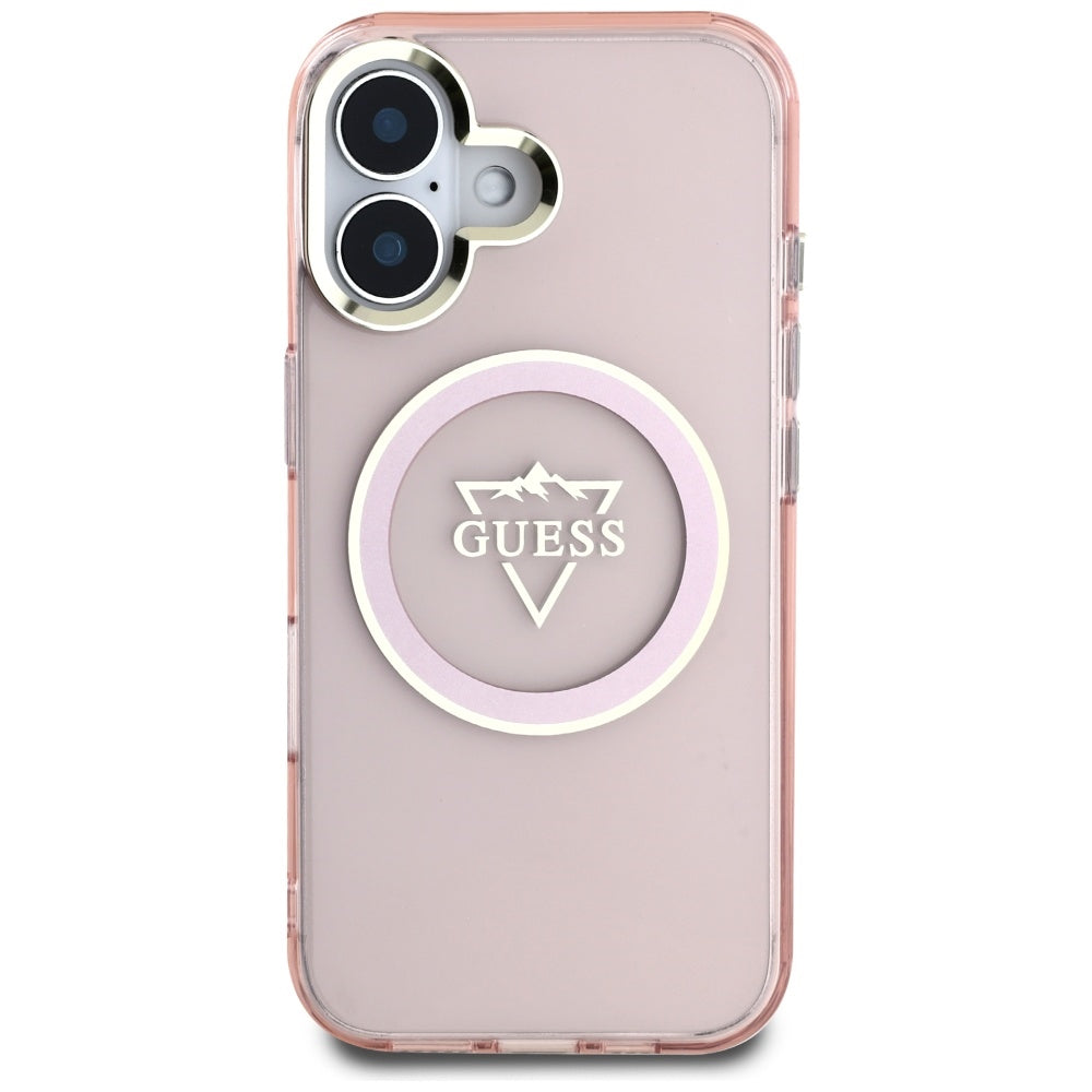 Custodia MagSafe per Apple iPhone 16, Guess, IML Metal Mountain Logo, Rosa