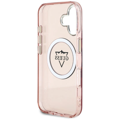 Custodia MagSafe per Apple iPhone 16, Guess, IML Metal Mountain Logo, Rosa