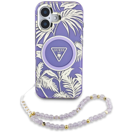 Custodia MagSafe per Apple iPhone 16, Guess, IML Palm Trees Triangle con Cinturino di Perle, Viola