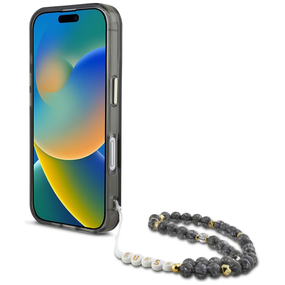 Custodia MagSafe per Apple iPhone 16, Guess, IML Palm Trees Triangle con Cinturino di Perle, Nera