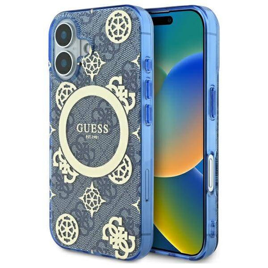 Custodia MagSafe per Apple iPhone 16, Guess, IML Peony su sfondo 4G, Blu