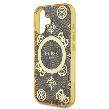 Custodia MagSafe per Apple iPhone 16, Guess, IML Peony On 4G Background, Marrone