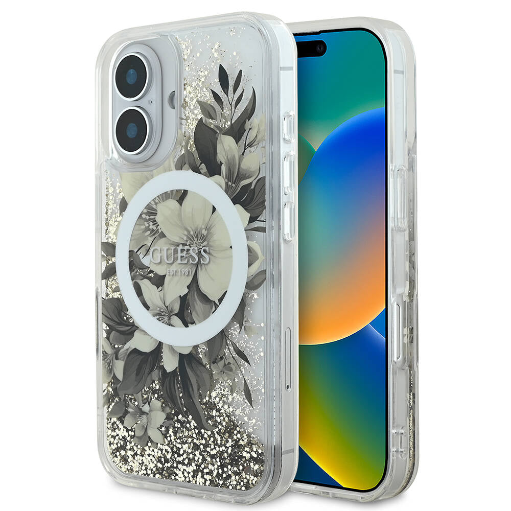 MagSafe Case for Apple iPhone 16, Guess, Liquid Glitter Flower, Beige