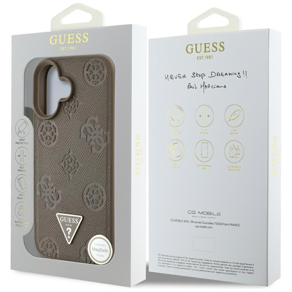 Custodia MagSafe per Apple iPhone 16, Guess, Peony Grained Hot Stamp Triangle, Marrone