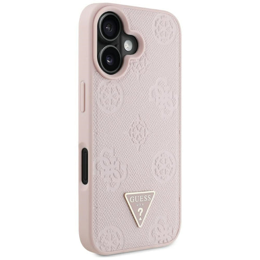 Custodia MagSafe per Apple iPhone 16, Guess, Peony Grained Hot Stamp Triangle, Rosa