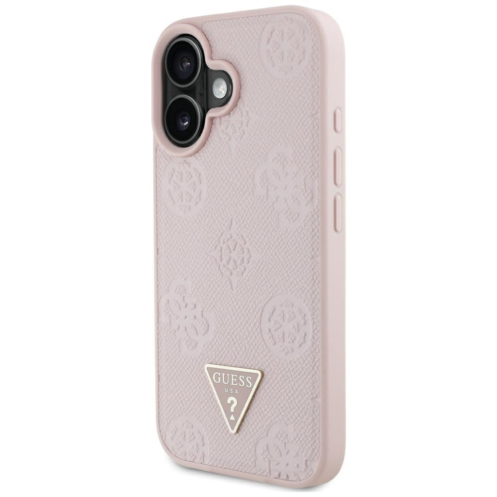 Custodia MagSafe per Apple iPhone 16, Guess, Peony Grained Hot Stamp Triangle, Rosa