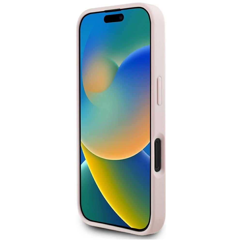 Custodia MagSafe per Apple iPhone 16, Guess, Peony Grained Hot Stamp Triangle, Rosa