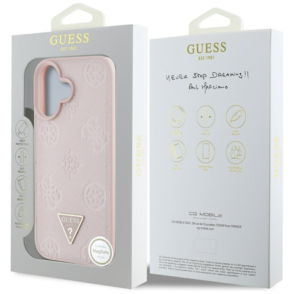 Custodia MagSafe per Apple iPhone 16, Guess, Peony Grained Hot Stamp Triangle, Rosa