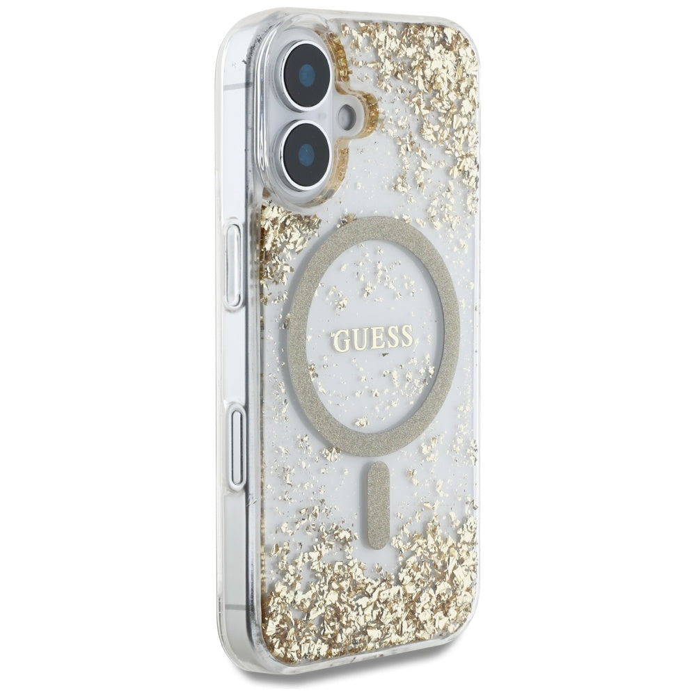 Custodia MagSafe per Apple iPhone 16, Guess, Resin Bottom Glitter, Dorata