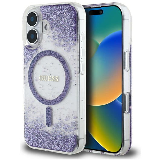 Custodia MagSafe per Apple iPhone 16, Guess, Resin Bottom Glitter, Viola