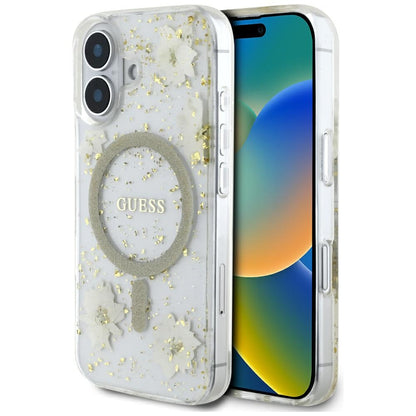 Custodia MagSafe per Apple iPhone 16, Guess, Resin Flowers and Glitter, Beige