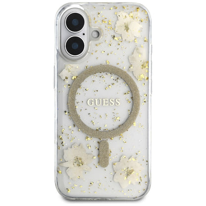 Custodia MagSafe per Apple iPhone 16, Guess, Resin Flowers and Glitter, Beige