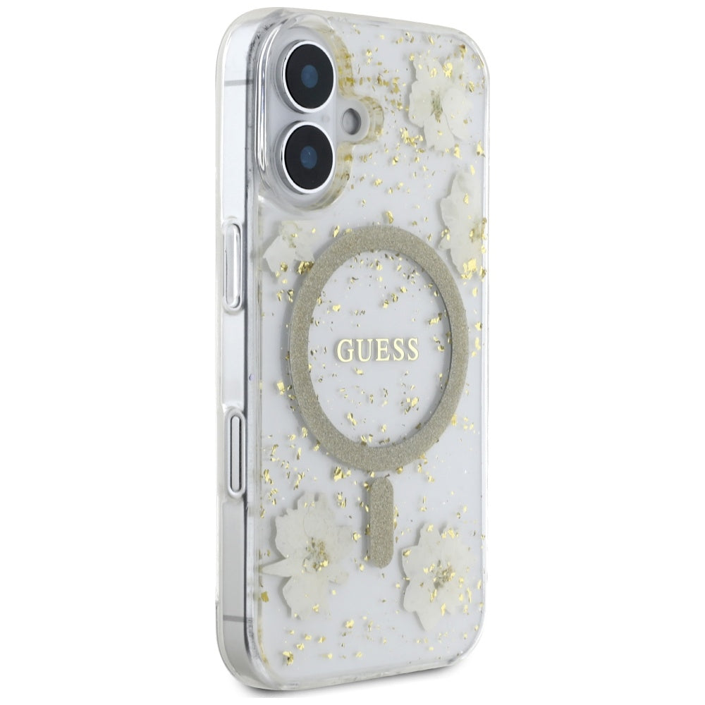 Custodia MagSafe per Apple iPhone 16, Guess, Resin Flowers and Glitter, Beige
