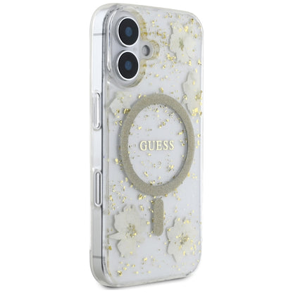Custodia MagSafe per Apple iPhone 16, Guess, Resin Flowers and Glitter, Beige