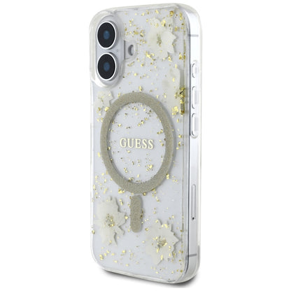 Custodia MagSafe per Apple iPhone 16, Guess, Resin Flowers and Glitter, Beige