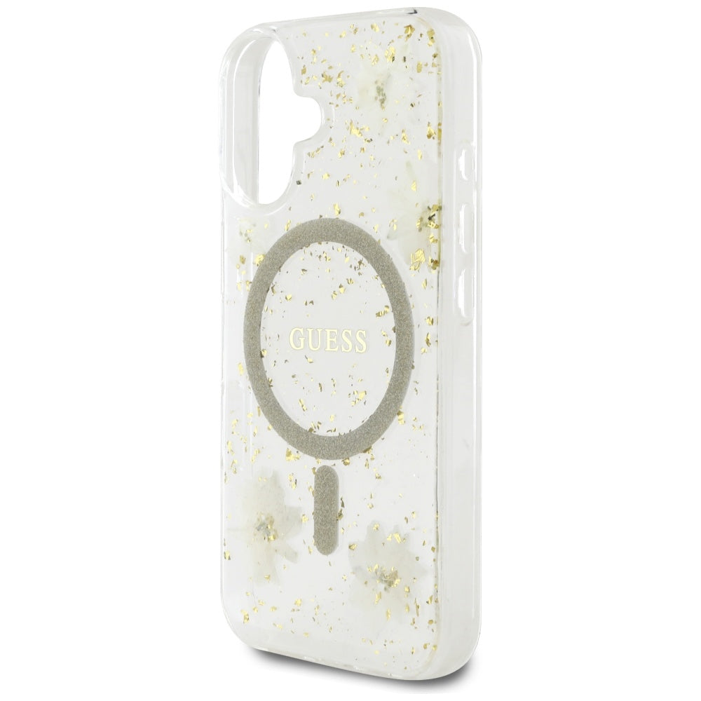 Custodia MagSafe per Apple iPhone 16, Guess, Resin Flowers and Glitter, Beige