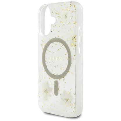 Custodia MagSafe per Apple iPhone 16, Guess, Resin Flowers and Glitter, Beige