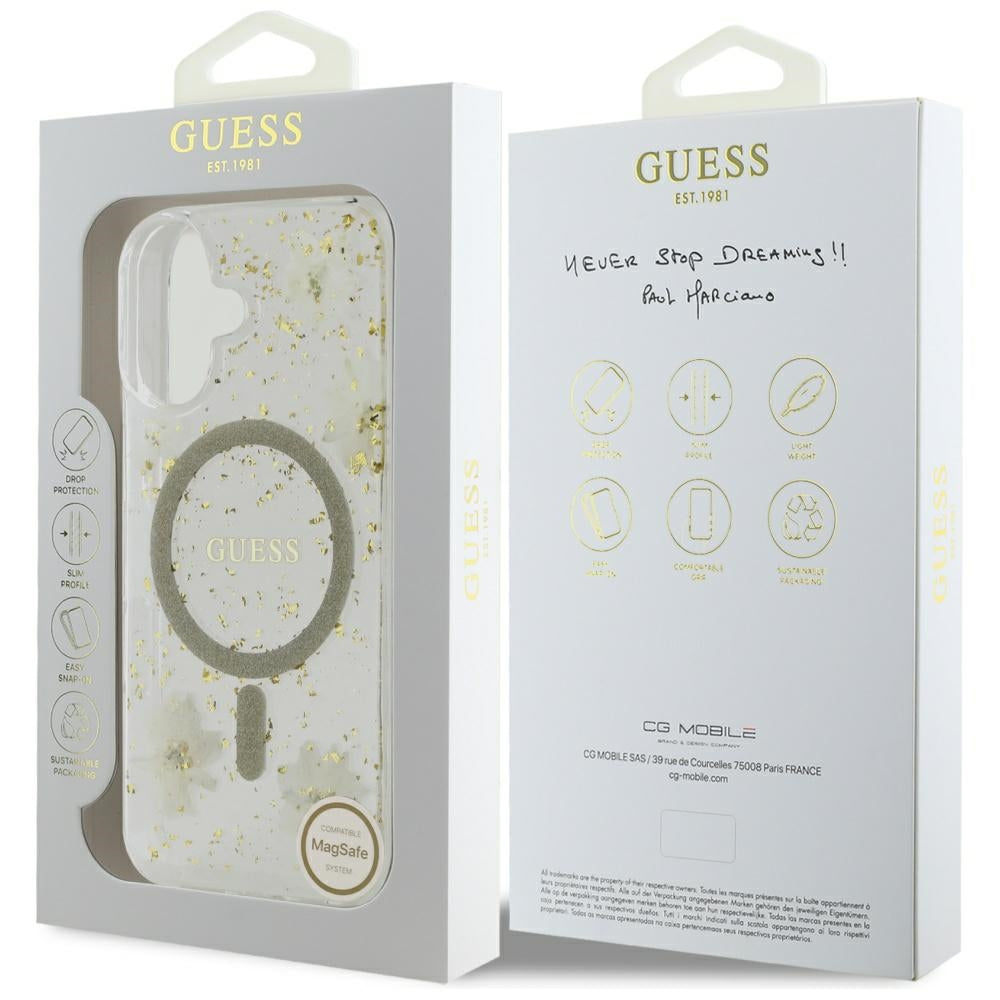 Custodia MagSafe per Apple iPhone 16, Guess, Resin Flowers and Glitter, Beige
