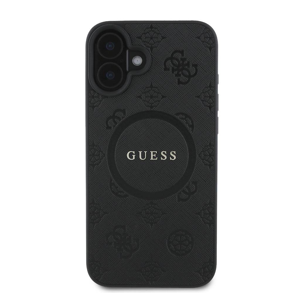 Custodia MagSafe per Apple iPhone 16, Guess, Saffiano Peony Classic Logo, Nera
