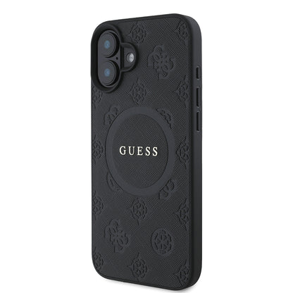Custodia MagSafe per Apple iPhone 16, Guess, Saffiano Peony Classic Logo, Nera