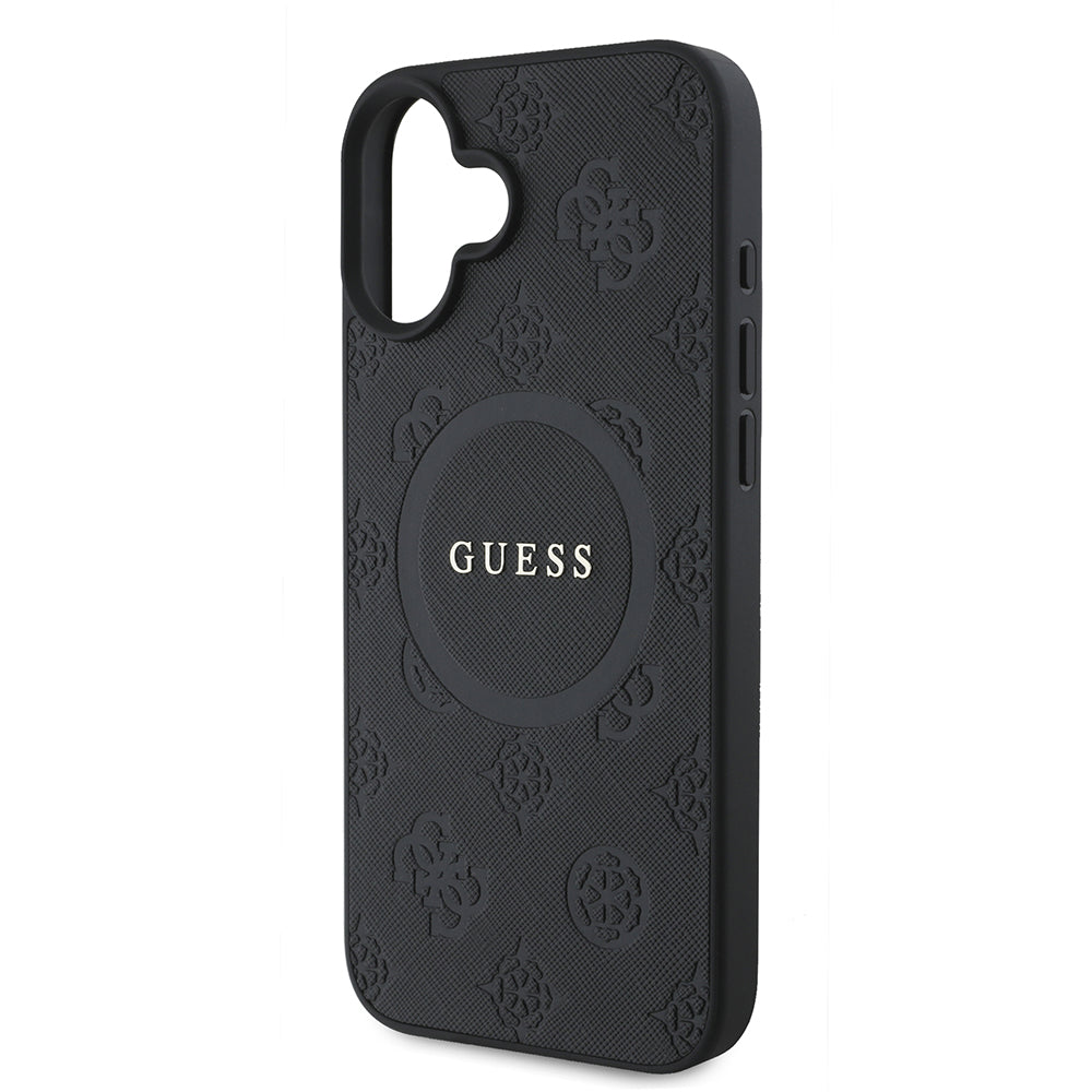 Custodia MagSafe per Apple iPhone 16, Guess, Saffiano Peony Classic Logo, Nera
