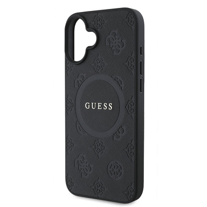Custodia MagSafe per Apple iPhone 16, Guess, Saffiano Peony Classic Logo, Nera