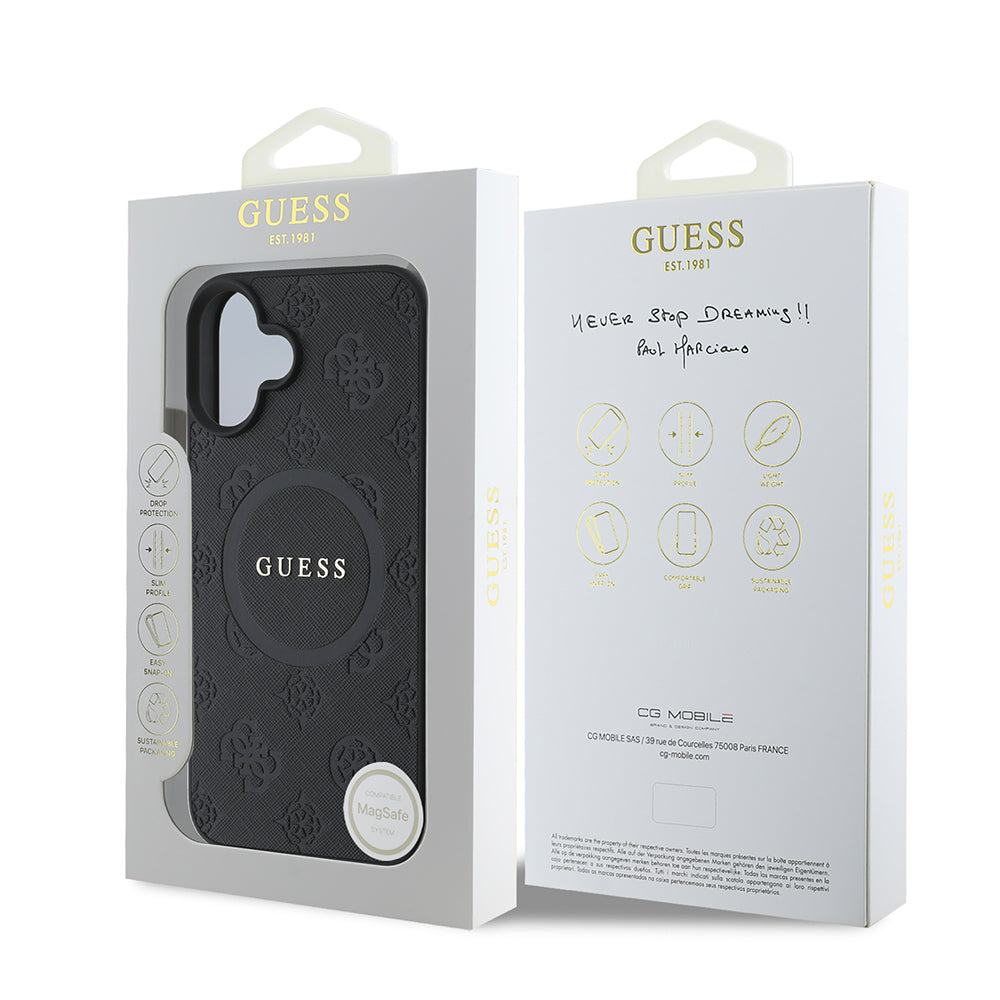 Custodia MagSafe per Apple iPhone 16, Guess, Saffiano Peony Classic Logo, Nera