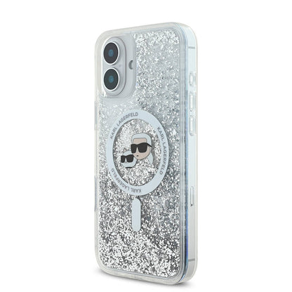 MagSafe Case for Apple iPhone 16, Karl Lagerfeld, Glitter Liquid Karl & Choupette's Heads, Transparent