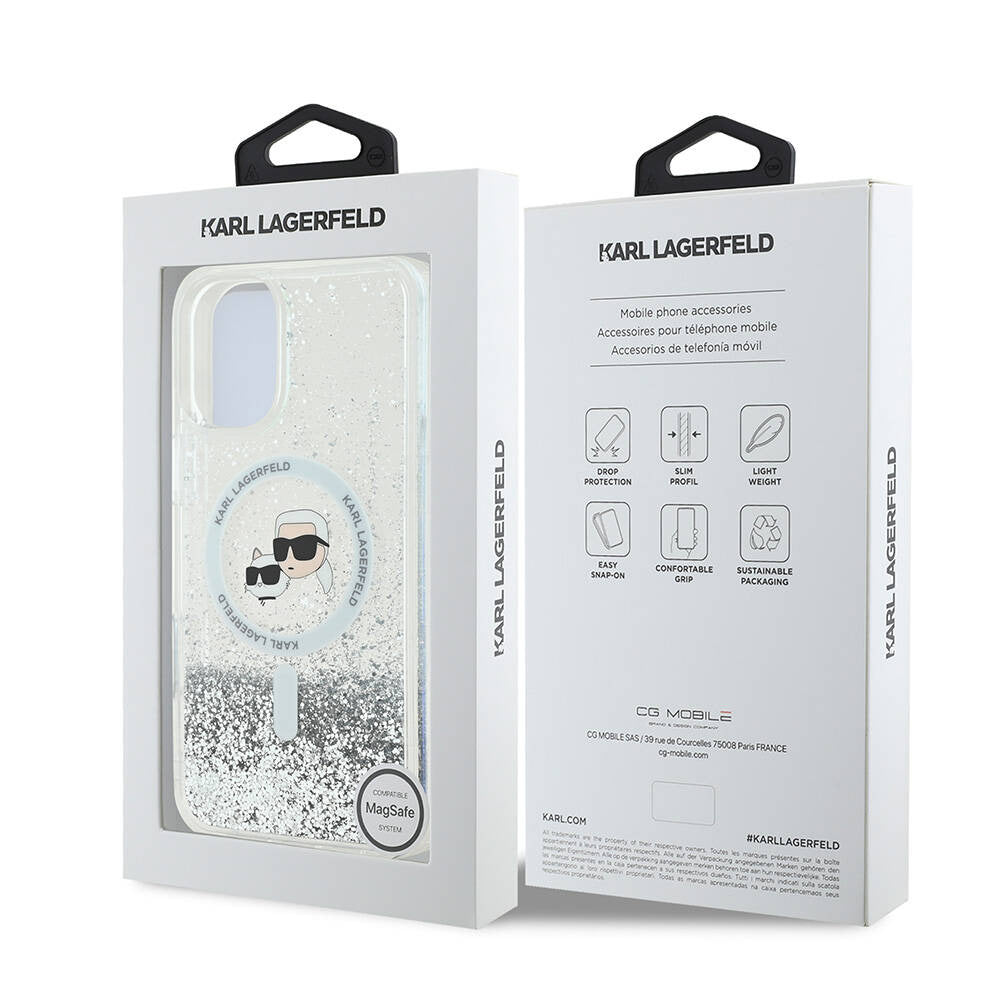 MagSafe Case for Apple iPhone 16, Karl Lagerfeld, Glitter Liquid Karl & Choupette's Heads, Transparent
