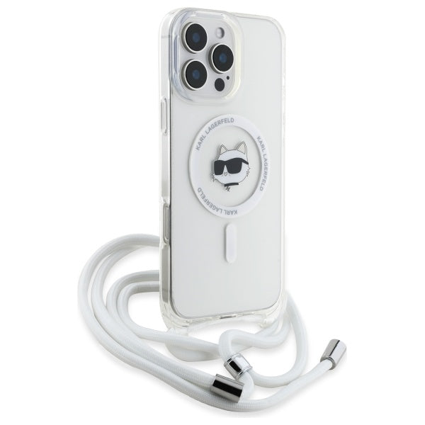 Custodia MagSafe per Apple iPhone 16, Karl Lagerfeld, IML Crossbody Choupette's Head con Tracolla, Trasparente