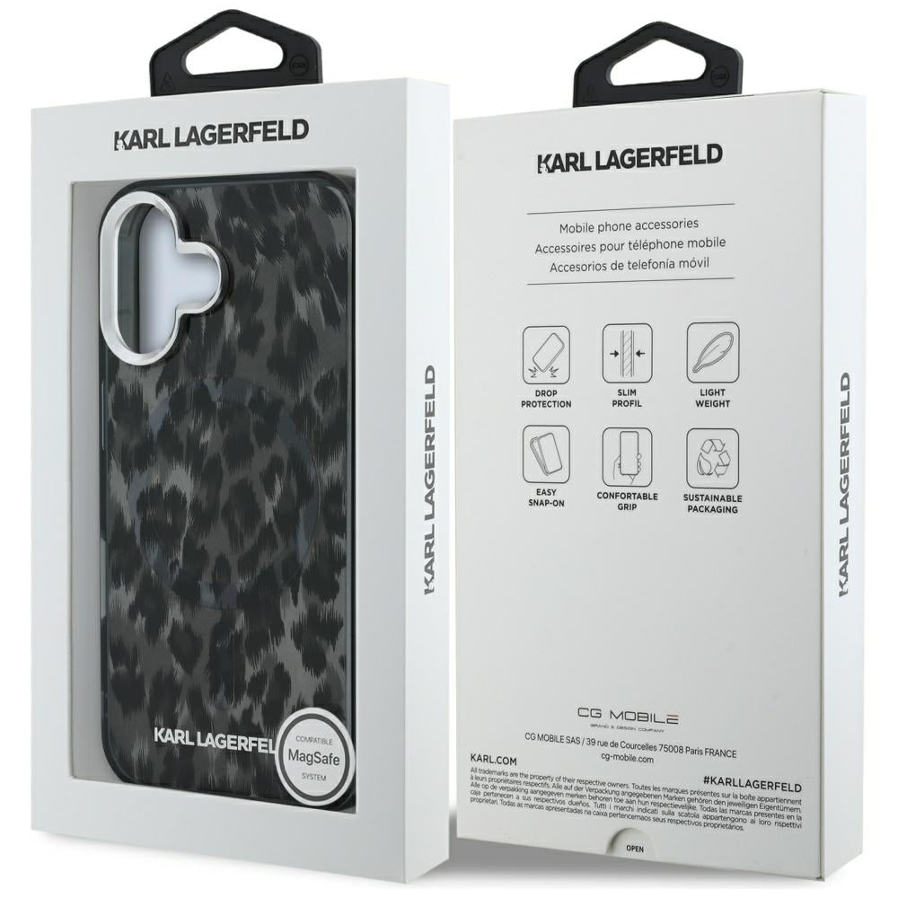 Custodia MagSafe per Apple iPhone 16, Karl Lagerfeld, IML Leopard Pattern, Nera
