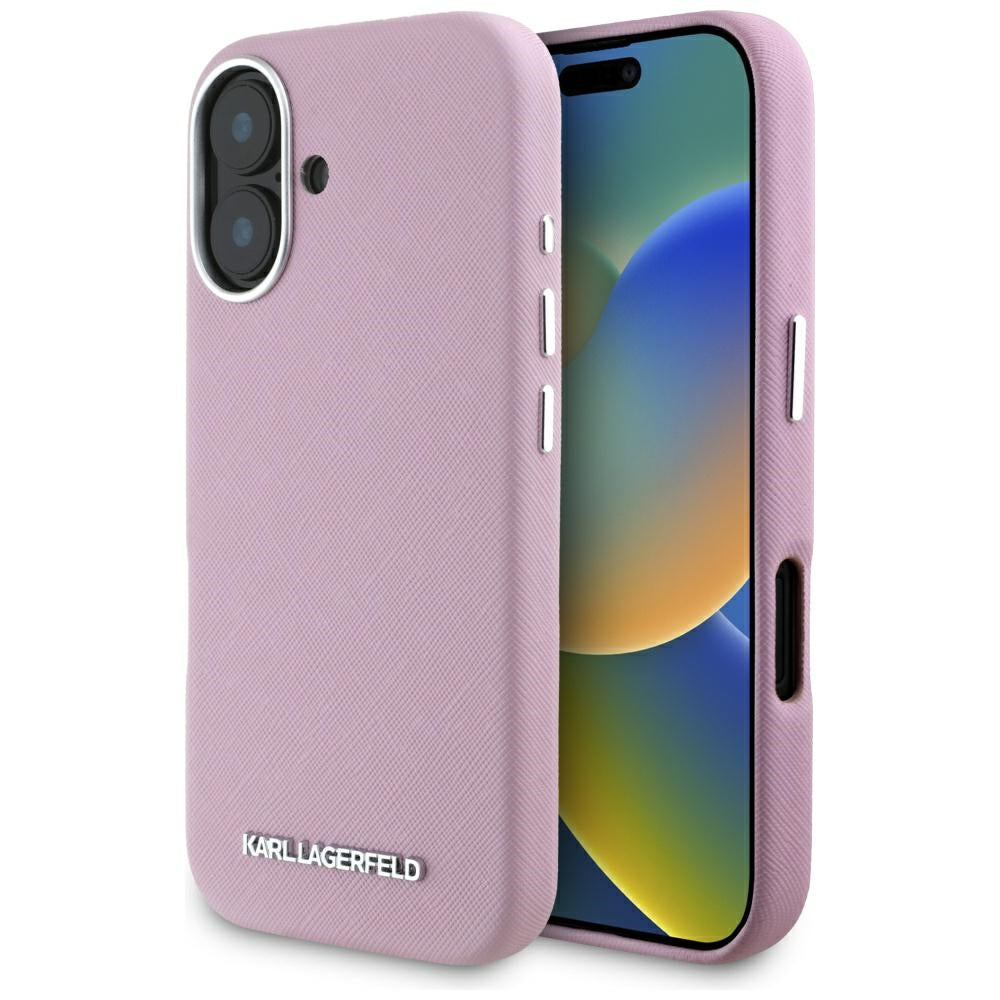 Custodia MagSafe per Apple iPhone 16, Karl Lagerfeld, Saffiano Full Wrapped Elongated Metal Logo, Rosa